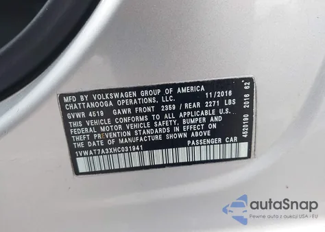 2017 Volkswagen Passat 1.8T S from USA, damaged, VIN 1VWAT7A3XHC031941